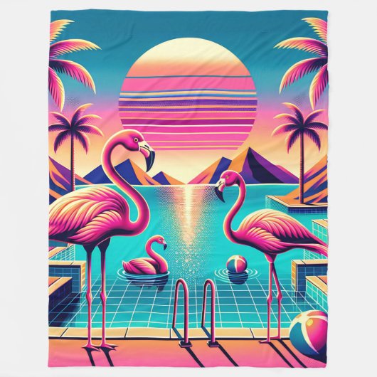 "Vibrant Mitte des Jahrhunderts Moderner Flamingo Fleecedecke (Vorderseite)