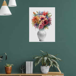 Vibrant Mixed Media Lily Bouquet in Vase Art Poster