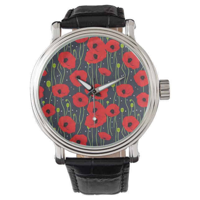 Vibrant Modern Red Poppies Pattern Art Armbanduhr (Vorderseite)