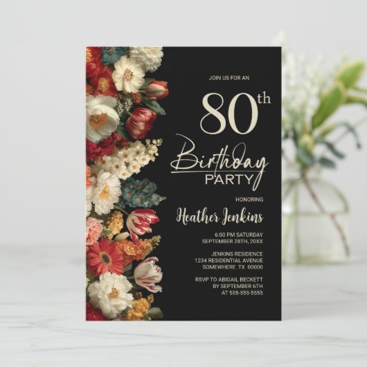 Vibrant Moody Floral Black 80th Birthday Party Einladung (Stehend Vorderseite)