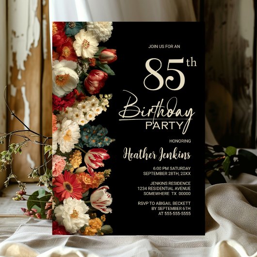 Vibrant Moody Floral Black 85th Birthday Party Einladung