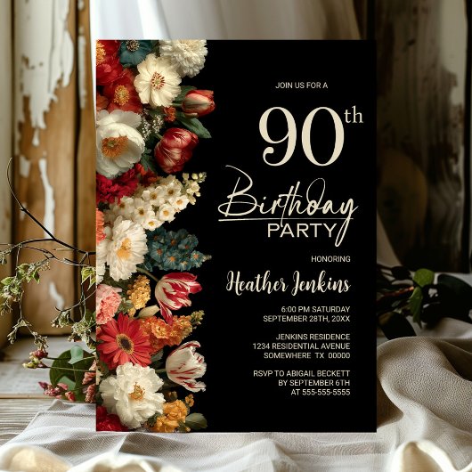 Vibrant Moody Floral Black 90th Birthday Party Einladung
