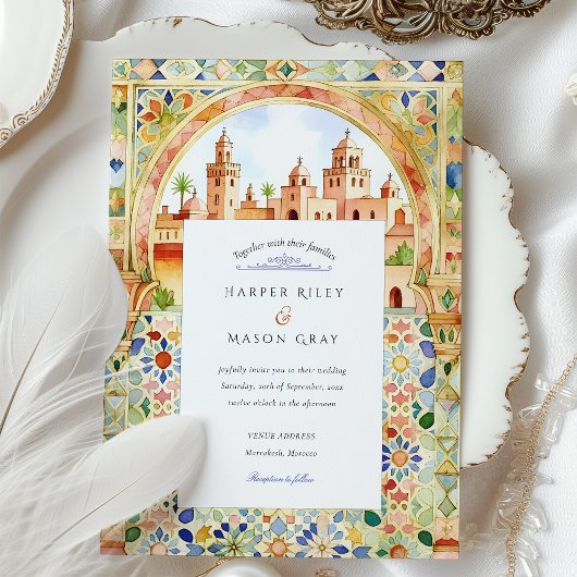 Vibrant Moroccan Tile & Marrakesh Arch Wedding Einladung