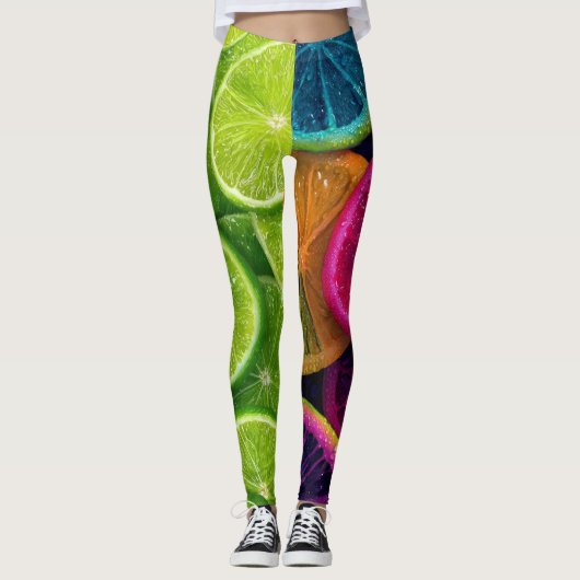 Vibrant Neon Citrus Lime & Lemon Slices Wrap Leggings (Vorderseite)