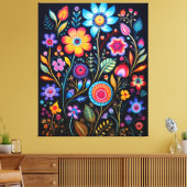 Vibrant Neon Floral Black Background Wood Plaque Leinwanddruck (Insitu (Wohnzimmer))