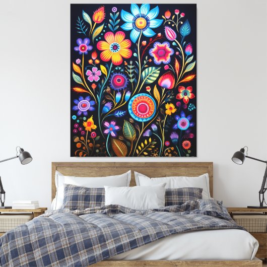 Vibrant Neon Floral Black Background Wood Plaque Leinwanddruck (Insitu (Schlafzimmer))