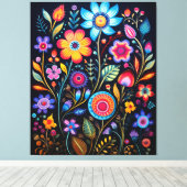 Vibrant Neon Floral Black Background Wood Plaque Leinwanddruck (Insitu (Holzboden))