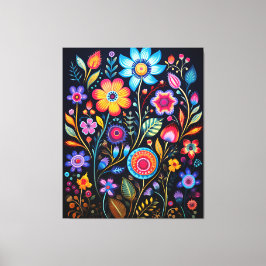 Vibrant Neon Floral Black Background Wood Plaque Leinwanddruck