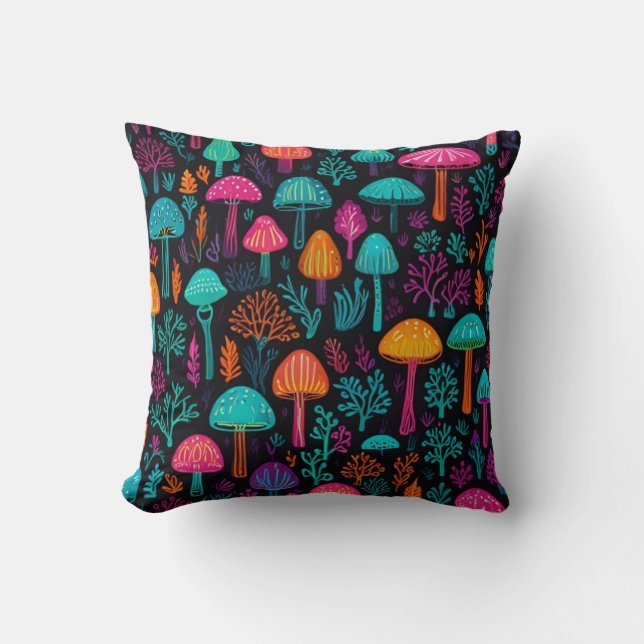 Vibrant Neon Mushroom Magic: Unique Patterns  Kissen (Vorderseite)
