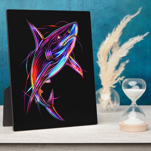 Vibrant Neon Shark Modern Digital Ocean Fotoplatte (Seite)