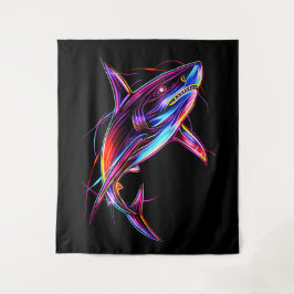 Vibrant Neon Shark Modern Digital Ocean Wandteppich
