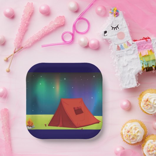 Vibrant Northern Lights Camping Tent Night Pappteller (Party)