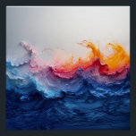Vibrant Ocean Wave Resin Surge Glow Poster<br><div class="desc">Powerful blue waves surge and crash in vivid resin pours, blending deep sapphire, electric turquoise, and cyan into towering crests. Explosive coral, hot pink, magenta, and fiery orange bursts rise from the peaks like sunset flames or molten light, while soft white foam and subtle gold-copper metallic flecks add luminous sparkle...</div>