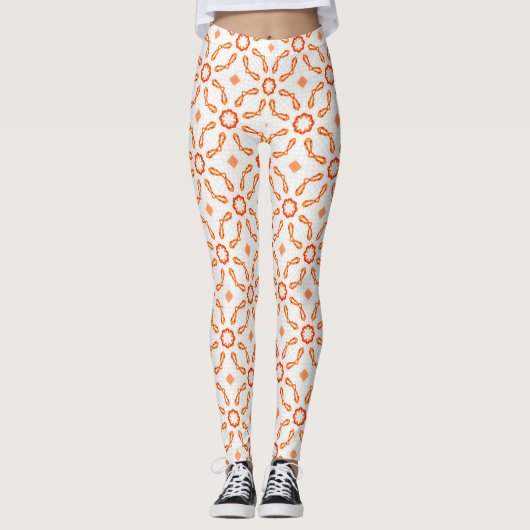 Vibrant Orange-Red Floral & Bow Pattern Leggings (Vorderseite)