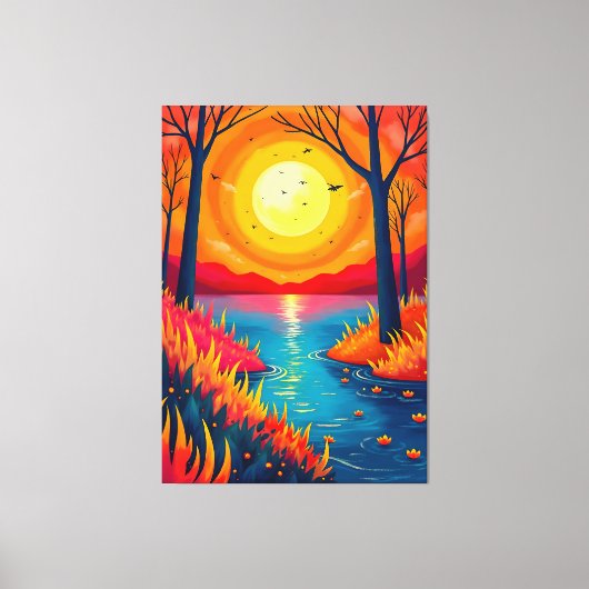 Vibrant Orange Sunset Lake Landscape Art Leinwanddruck (Vorderseite)