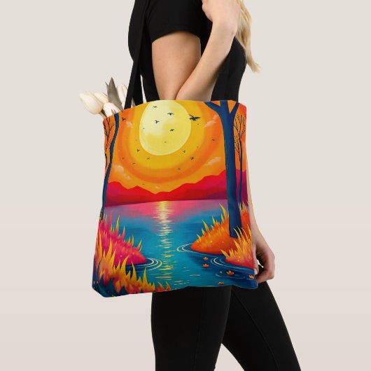 Vibrant Orange Sunset Lake Landscape Art Tasche (Von Nahem)