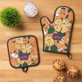 Vibrant Orange Yellow Floral Kitchen Custom Name Ofenhandschuh & Topflappen-Set