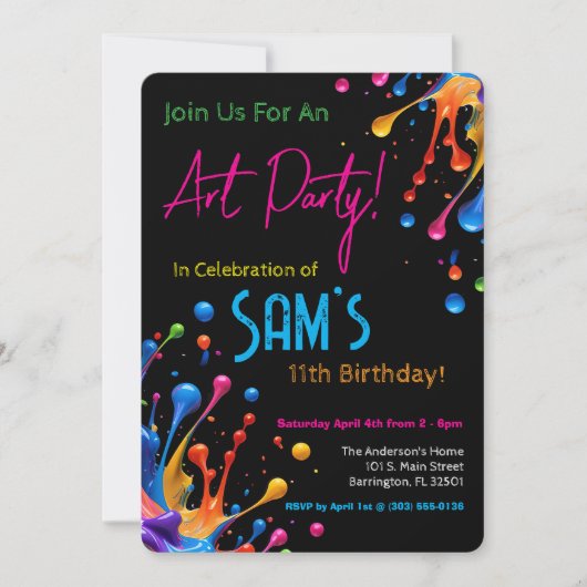 Vibrant Paint Splash Art Party Birthday Invitation Einladung (Vorderseite)