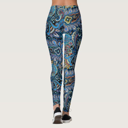 Vibrant Paisley Pattern in Blue on Black Leggings (Rückseite)
