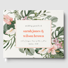 Vibrant Peach Blush Tropical Floral Wedding Gästebuch
