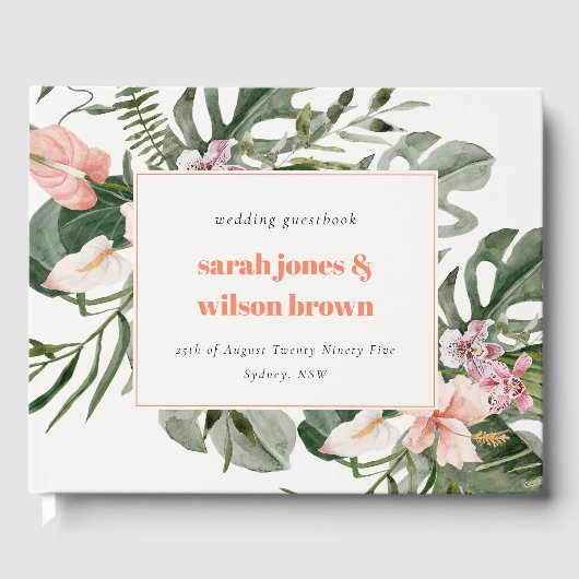 Vibrant Peach Blush Tropical Floral Wedding Gästebuch (Vorderseite)