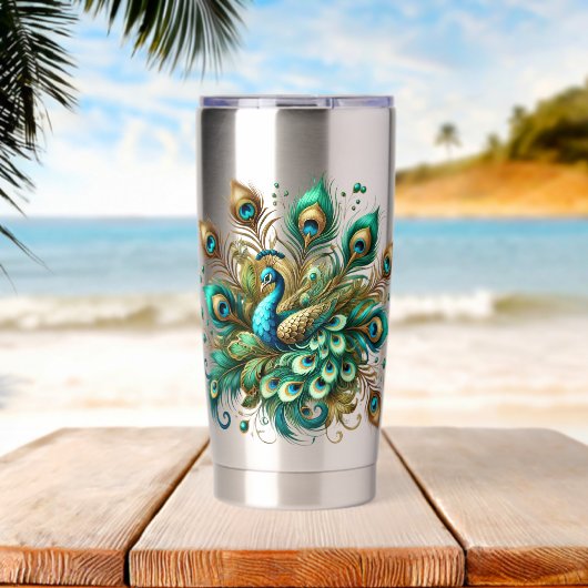Vibrant Peacock Feather Mug Thermobecher (Strand (gedreht))