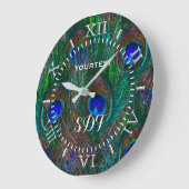 Vibrant Peacock Feathers Etching Style Dial Große Wanduhr (Winkel)