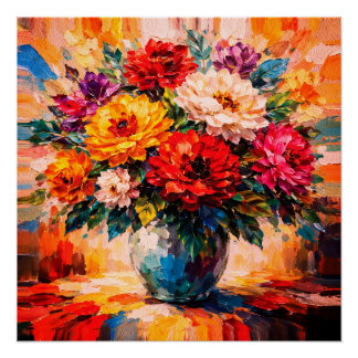 Vibrant Peonies Bouquet in Vase Impasto Poster