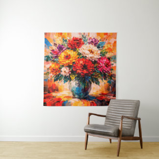 Vibrant Peonies Bouquet in Vase Impasto Wandteppich