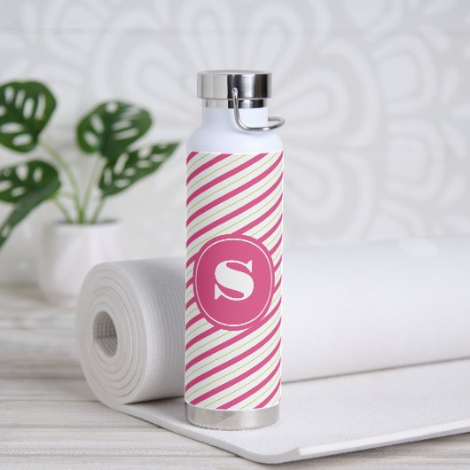 Vibrant Pink and Green Stripes Monogram Trinkflasche (Yoga)