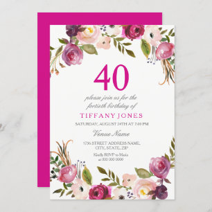 Vibrant Pink Botanical Floral 40. Geburtstag Einla Einladung