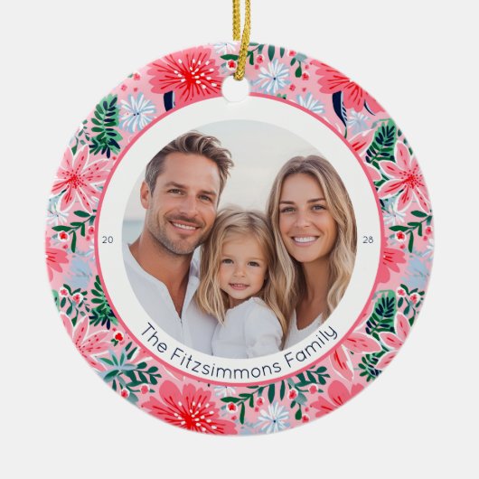 Vibrant Pink Christmas Floral 2 Sided Photo Keramik Ornament (Vorne)