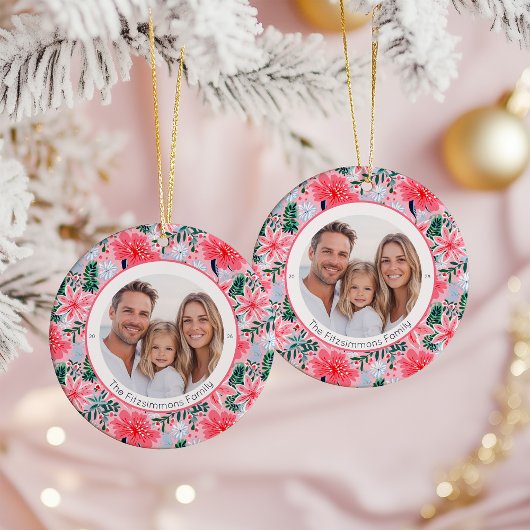 Vibrant Pink Christmas Floral 2 Sided Photo Keramik Ornament