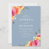 Vibrant Pink Floral Dusty Blue Wedding Einladung (Vorderseite)