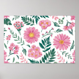 Vibrant Pink Floral Pattern with Lush Greenery Poster