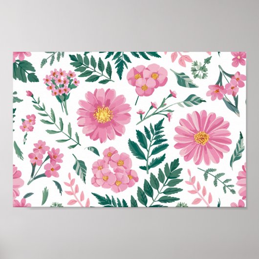 Vibrant Pink Floral Pattern with Lush Greenery Poster (Vorne)