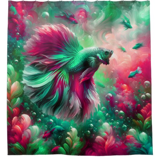 "Vibrant Pink & Green Betta Fish Art" Duschvorhang (Vorderseite)