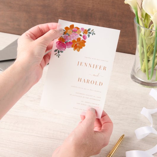 Vibrant Pink & Orange Floral Garden Wedding Pergament Einladungen (Handgehalten)