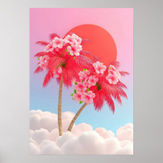 Vibrant  pink palm trees with flowers poster