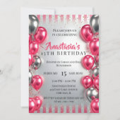 Vibrant Pink Silver Balloons Glitter 15th Birthday Einladung (Vorderseite)