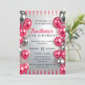 Vibrant Pink Silver Balloons Glitter 15th Birthday Einladung (Stehend Vorderseite)