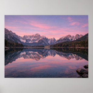 Vibrant Pink Sunset Mountain Lake Reflection Poster