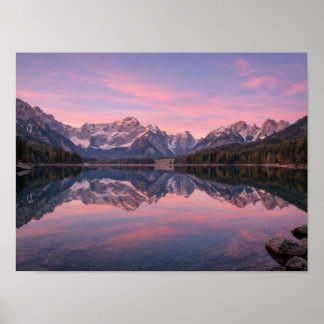 Vibrant Pink Sunset Mountain Lake Reflection Poster