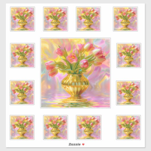 Vibrant Pink Tulips in Golden Vase Aufkleber (Blatt)