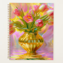 Vibrant Pink Tulips in Golden Vase Planer