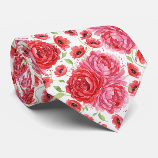 Vibrant Pinky Pink and Juicy Red Watercolor Peony Krawatte (Gerollt)