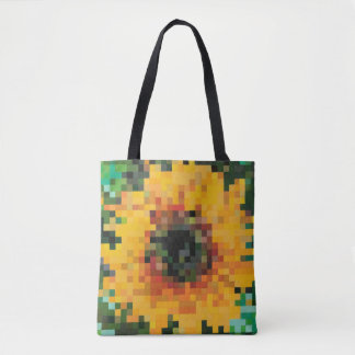 Vibrant pixelated sunflower with green background tasche