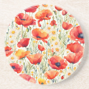 Vibrant Poppies und Daisies Watercolor-Muster Getränkeuntersetzer