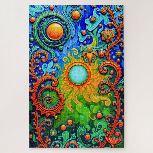 Vibrant Psychedelic Sun Art - Abstrakte Muster und Puzzle (Vertikal)