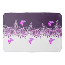 Vibrant Purple Butterfly and Botanical Design Badematte